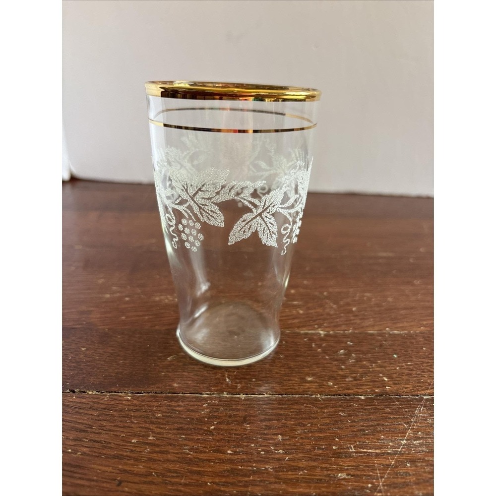 Vtg MCM Bartlett Collins 16oz Flat Tumbler Gold Trim Frosted Grape Leaves